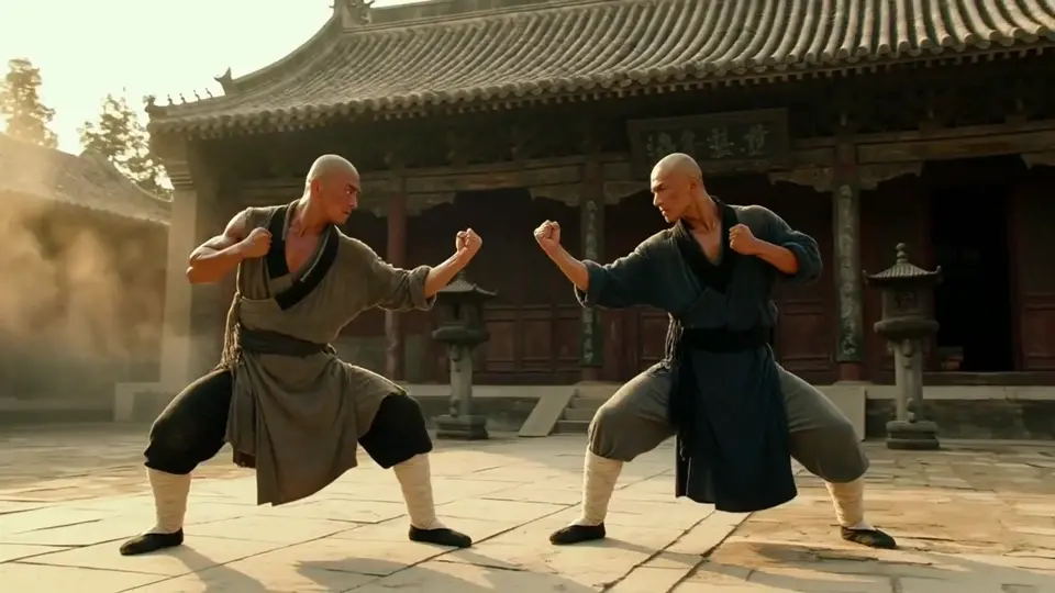寺院庭院中的少林武术动作