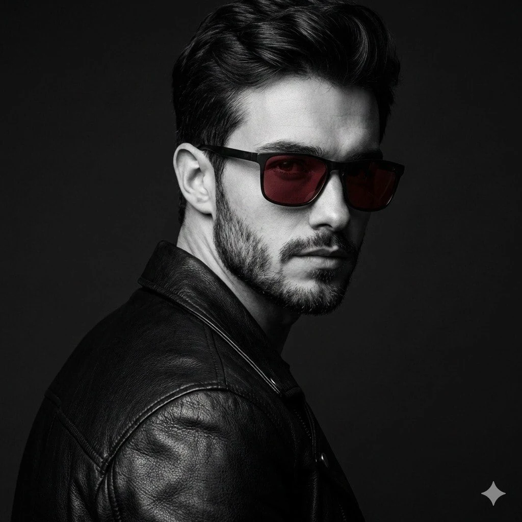 Use 100% of the uploaded reference image for the exact face, identity, and facial structure — do not alter facial features. A high-contrast black-and-white fashion portrait of a handsome young man in his late 20s with black hair and a well-groomed black beard, looking over his shoulder toward the camera. He wears a stylish black leather jacket with visible grain texture and modern rectangular sunglasses with deep red-tinted lenses.