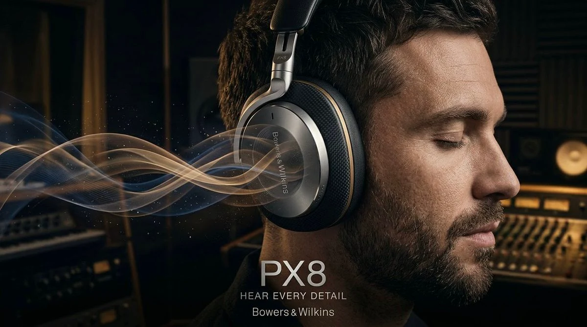 Ultra-premium cinematic advertising poster for Bowers & Wilkins Px8 luxury wireless headphones. Extreme macro close-up portrait of a sophisticated musician in a dark immersive studio environment. The headphones dominate the frame, with the premium earcup surface acting as a gateway into a breathtaking invisible world of sound: elegant waves of acoustic energy, subtle visualized frequencies, deep atmospheric layers, floating particles and rich musical textures reflected through the polished metal surface. Realistic acoustic distortion, smooth sound waves, detailed studio atmosphere, warm ambient lighting and cinematic depth visible around the headphones. Hyper-real human skin contrast: natural facial features, realistic skin texture, subtle warmth from studio lights, tiny details of hair and skin, calm focused expression with eyes closed in complete immersion. The Bowers & Wilkins Px8 headphones must look physically accurate and luxurious: precise aluminum construction, premium leather ear cushions, realistic metal reflections, engineered materials, clean craftsmanship. The surface is covered with ultra-fine dust particles, subtle fingerprints on metal edges, delicate reflections of studio lights and realistic texture details. Extreme tactile realism: warm human presence versus cold precision audio technology. Soft cinematic studio lighting, golden highlights, crisp reflections, smooth shadows, shallow depth of field, minimal dark background. Elegant premium composition with the headphones as the hero product. Include refined Bowers & Wilkins branding and “PX8” typography with optional tagline “HEAR EVERY DETAIL”. Color palette: deep black, graphite gray, warm gold, brushed aluminum silver, soft skin beige, dark studio shadows. Hyper-realistic cinematic product photography, luxury audio campaign, 8K, world-class commercial advertising quality. Negative prompt: cartoon, plastic skin, fake sound waves, cheap electronics advertising style, blurry headphones, weak reflections, exaggerated expression, influencer look, futuristic sci-fi headset, low-detail product