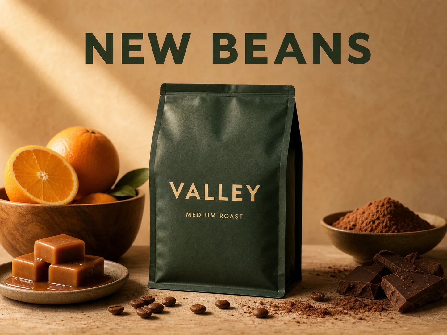 Design a premium coffee poster. A deep green coffee bean package sits at the center. The front of the package clearly shows only “VALLEY” and “MEDIUM ROAST,” and the top of the poster reads only “NEW BEANS.” Use warm side lighting, realistic paper texture, and represent flavor notes with orange, caramel, and cocoa.