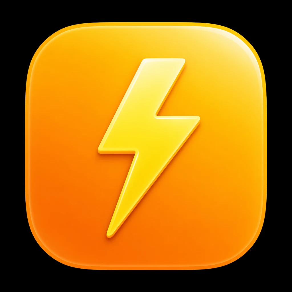 App icon concept: a stylized lightning bolt inside a rounded square, gradient from amber to yellow, glossy finish, simple and recognizable at small sizes.