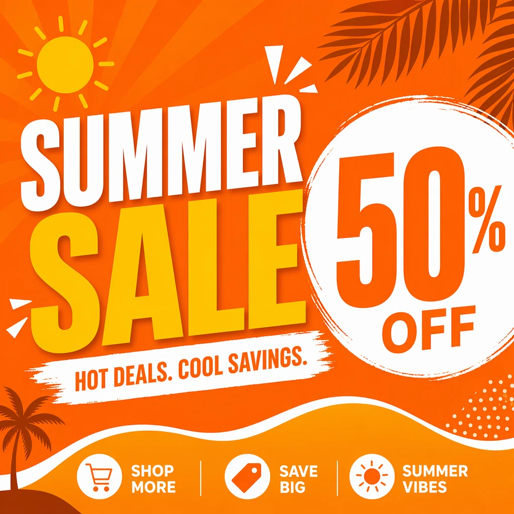 Social media thumbnail: bold headline "SUMMER SALE 50% OFF" in clean sans-serif, vibrant orange and white color scheme, flat design, eye-catching layout.