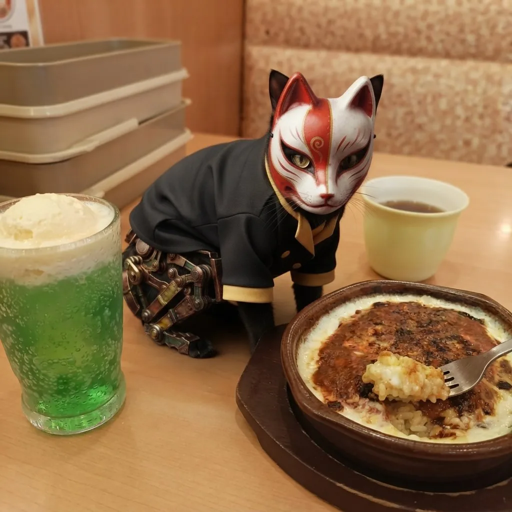 Place a robotic cat naturally in a restaurant scene with coherent perspective, reflections, materials, and practical light.